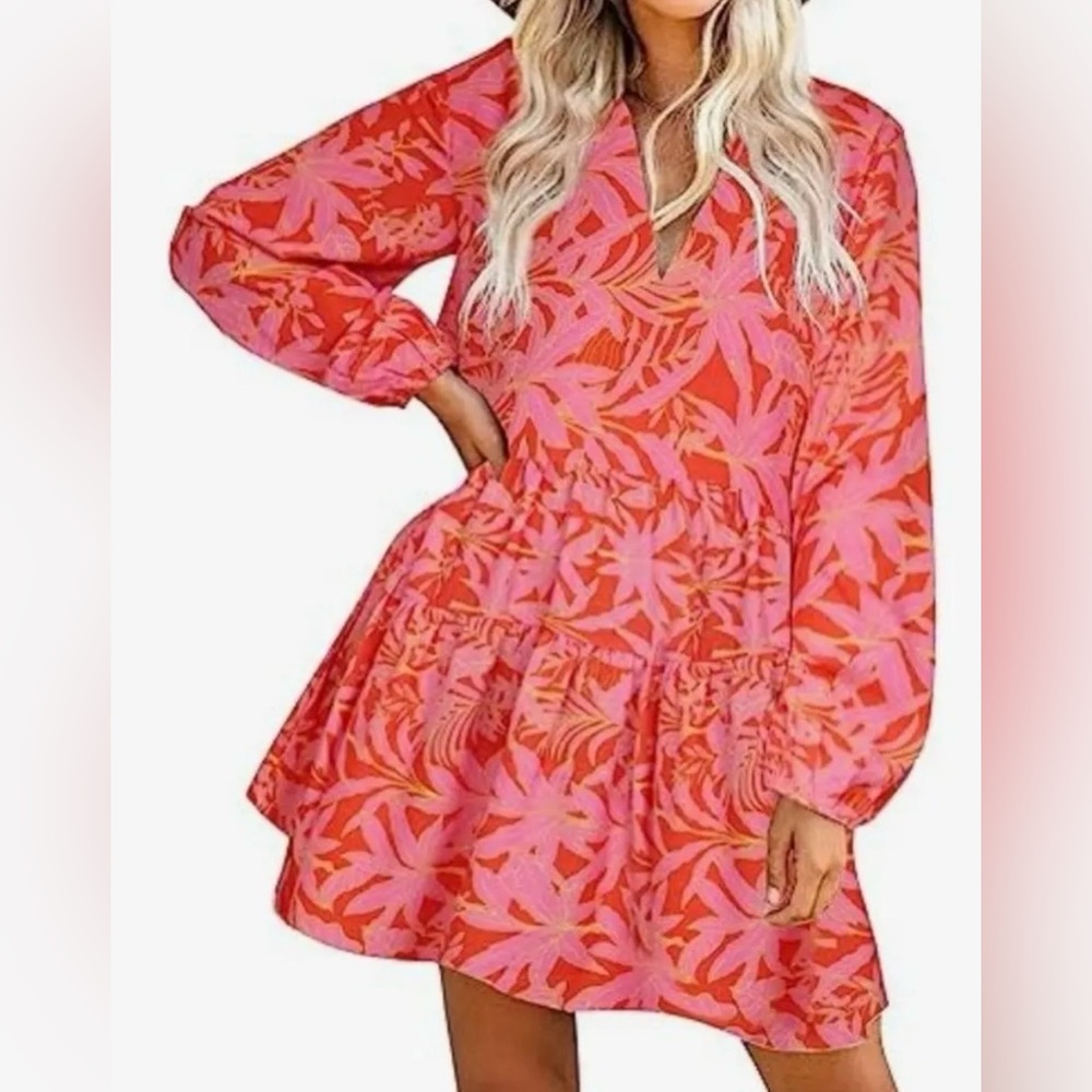 Fancyinn Coral Pink & Orange Floral V-Neck Tiered Mini Dress